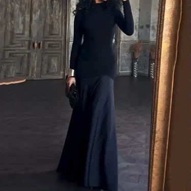 Ellafads Maxi Dress Autumn Women Casual Elegant Solid Long Sleeve Round Neck Nipped Waist Patchwork Evening Party Dresses 3