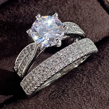 Charm Women Rings Silver Color Round Classic Design White Stone Rings Set Wedding Party Accessories Gift 5
