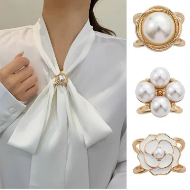 Fashion Camellia Pearl Rhinestone girdle Brooches for Women Square Scarf Buckle Geometry Cross Brooch Pin Metal Ring Accessories 5