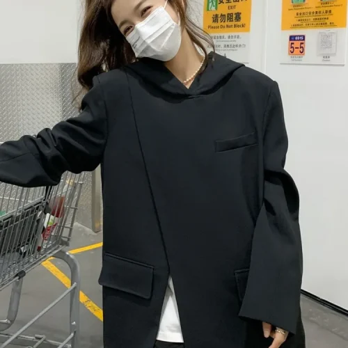 Women Black Hooded Suit Pullover Blazer Irregular Split Design Spring Autumn Korean Suit Top Loose Femme Streetwear 1