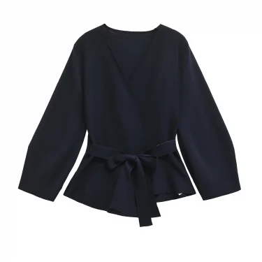 TRAF 2025 Women Fashion Shoulder Pad Belt Knit Blazer Women Retro V-neck Long Sleeve Versatile Female Coat 9598/128 2