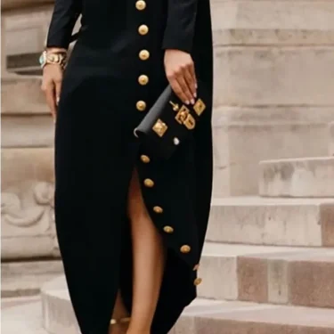 Yeezzi Women's Fashion Buttoned Split-Side High Neck Black Dress 2025 New Long Sleeves Loose Urban Office Commute Maxi Dresses 3