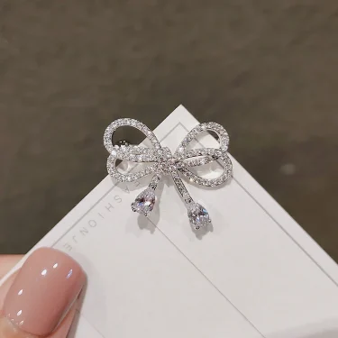 Elegant Bowknot Water Drop Brooches Buckle Pin for Girl Bridal Shiny CZ Crystal Bow Knot Ribbon Jewelry For Wedding Party 3