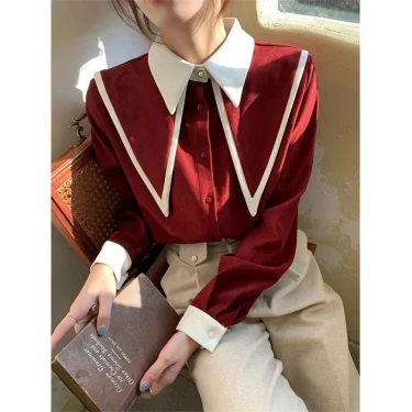 MEXZT Vintage Chiffon Shirts Women Elegant Patchwork Long Sleeve Blouses Office Lady Korean Black Turn Down Collar Casual Tops 2