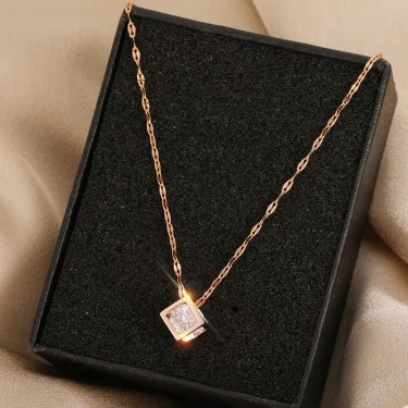 Classic Zircon Crystal Inside Hollow Square Stainless Steel Necklace For Women Korean Fashion Sexy Female Clavicle Chain Jewelry 3