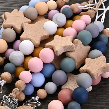 Baby Pacifier Chain Clips Wood Pentagram Teether Silicone Round Beads Teething Chain For Baby Care Soother Chew Toys Shower Gift 3