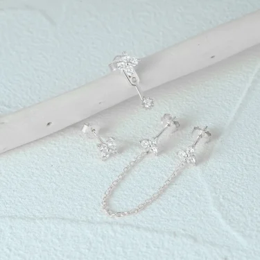 Aide 925 Sterling Silver 3pcs Set Two Stud Tassel K Gold Chain Flower Zircon Earrings For Women Fine Jewelry Valentine Day Gift 5