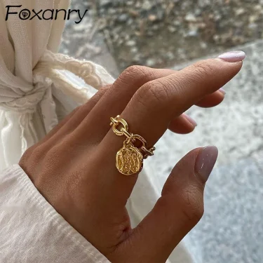 FOXANRY Silver Color Rings Fashion Vintage Couples Simple Hollow Chain Irregular Texture Pendant Party Jewelry for Women 1