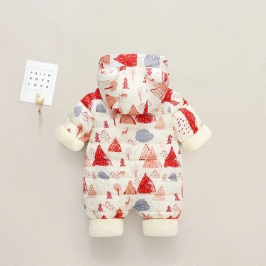 Autumn Winter Baby Jumpsuit Cartoon Printed Hooded Plus Velvet Baby Boy Snowsuit 0-2 Years Newborn Todder Overalls Infant Romper 6