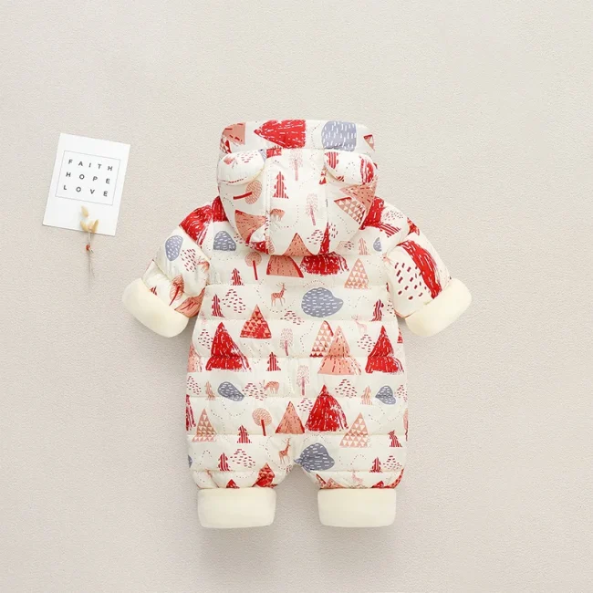 Autumn Winter Baby Jumpsuit Cartoon Printed Hooded Plus Velvet Baby Boy Snowsuit 0-2 Years Newborn Todder Overalls Infant Romper 6