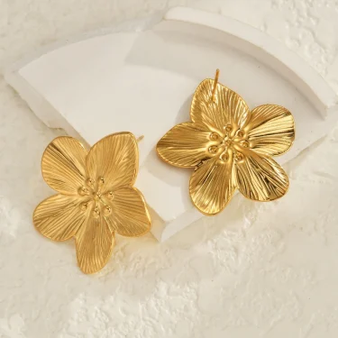 New Trendy Stainless Steel Flower Stud Earring Ring Charm 18K Gold Plated High Quality Statement For Women Jewelry Set Gifts 3