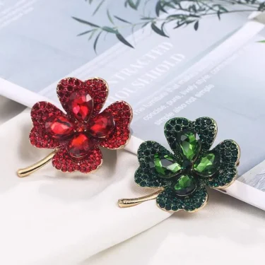 Green Red Crystal Rhinestone Four-Leaf Clover Flower Brooches Lapel Pins Jewelry Clothing Accessories Brooch for Women 2025 5