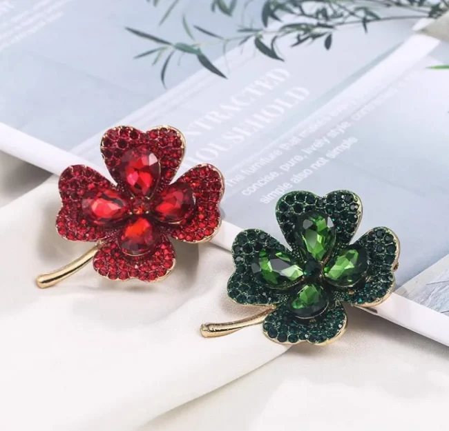 Green Red Crystal Rhinestone Four-Leaf Clover Flower Brooches Lapel Pins Jewelry Clothing Accessories Brooch for Women 2025 5