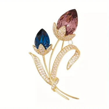 Ladies Novelty Retro Twin Flower Brooch High-grade Women's Exquisite Crystal Flower Corsage Anti-slip Pin Suit Accessories 6
