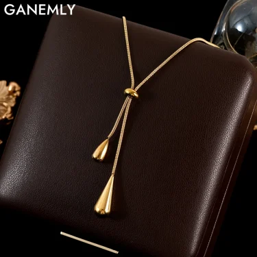 GANEMLY 316L Stainless Steel Water Drop Pendant Necklace For Women Trendy Drawstring Neck Chain 18K Gold Plated Jewelry Gift 1