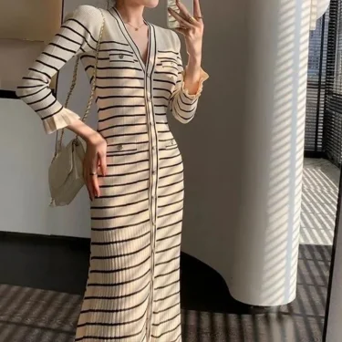 Matakawa Spring Autumn Women Dresses Stripes Ruffles Single Breasted Elegant Vestidos Mujer Korean Fashion Sweet Long Dress 3
