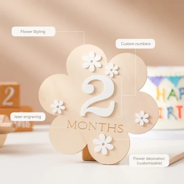 1Set Wooden Baby Month Milestone Card Flower Shape Record Card Newborn Birthday Gift Souvenir Baby Photo Photography Accessories 2