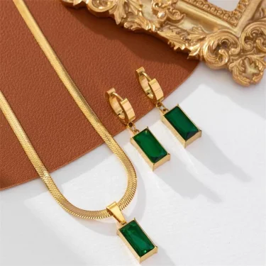 316L Stainless Steel Vintage Green Zircon Square Shape Pendant Charms Chain Necklaces Earrings Fashion High Jewelry Party Gifts 2