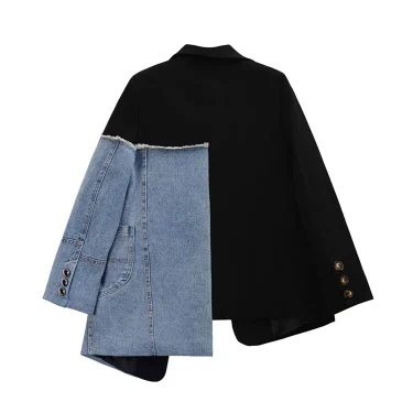 Women Vintage Fashion Blazer Denim Patchwork Jackets 2022 Autumn Winter Irregular Coat Women Long Sleeve Loose Korean Outerwear 2