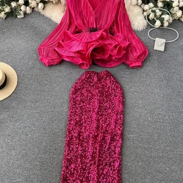 Sexy Club Luxury Sequined 2 Pieces Set Women V Neck Lantern Sleeve Belt Ruffles Shirt Top + Elastic Waist Bodycon Skirt Suit 2