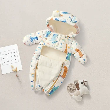 Autumn Winter Baby Jumpsuit Cartoon Printed Hooded Plus Velvet Baby Boy Snowsuit 0-2 Years Newborn Todder Overalls Infant Romper 4