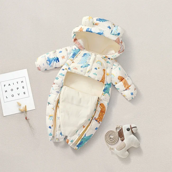 Autumn Winter Baby Jumpsuit Cartoon Printed Hooded Plus Velvet Baby Boy Snowsuit 0-2 Years Newborn Todder Overalls Infant Romper 4