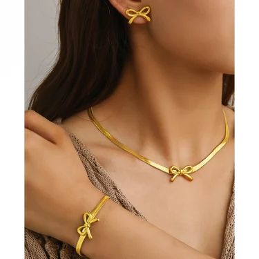Stainless Steel Jewelry Set Blade Chain Bow Design Bracelet Necklace Earrings 3 Piece Jewelry Set For Women Jewelry Party Gifts 1