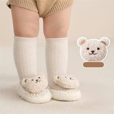 Autumn Winter Infant Leather Sole Shoes Mink Velvet Thicken Warm Newborn Baby Walking Socks Shoe Cartoon Bear Kids Floor Socken 2