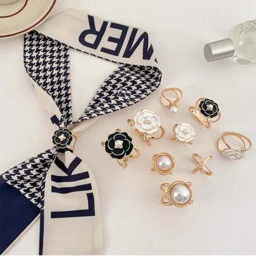 Fashion Camellia Pearl Rhinestone girdle Brooches for Women Square Scarf Buckle Geometry Cross Brooch Pin Metal Ring Accessories 4