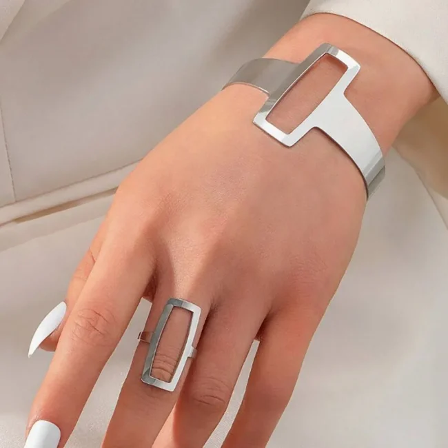 2Pcs/Set Trendy And Minimalist Geometric Square Jewelry Hollowed Out Ring And Bracelet Set Mother's Day Gift Jewelry Set 6