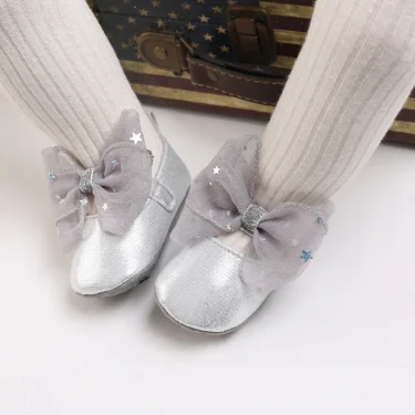 Silver Princess Shoes 0-18M Newborn Casual Shoes Baby Bow Non slip Cloth Bottom Flat Bottom PU Newborn Bow Decoration Mary Janes 6
