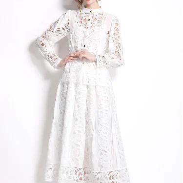Autumn Crochet Lace Embroidery Hollow Out 3 Pieces Sets Women Loose Shirt Top Lining and Elastic Waist Maxi Robe Skirt Suit 5