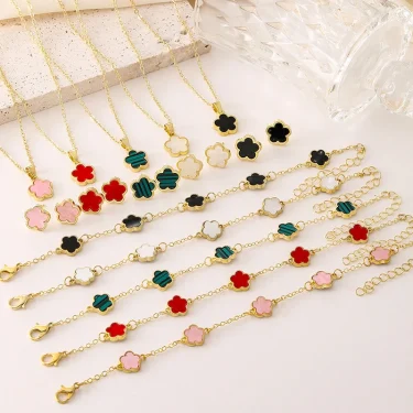 Fashion Luxury Gold Color Flower Leaf Plant Bracelet Set for Women Girl Necklace Wedding Party Adjustable Jewelry gift 1