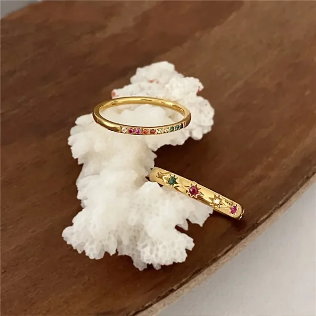 2PCS/Set Stainless Steel Rainbow Color Cubic Zircon Stone Finger Rings for Women INS Gold Color Waterproof Stars Ring Jewelry 4
