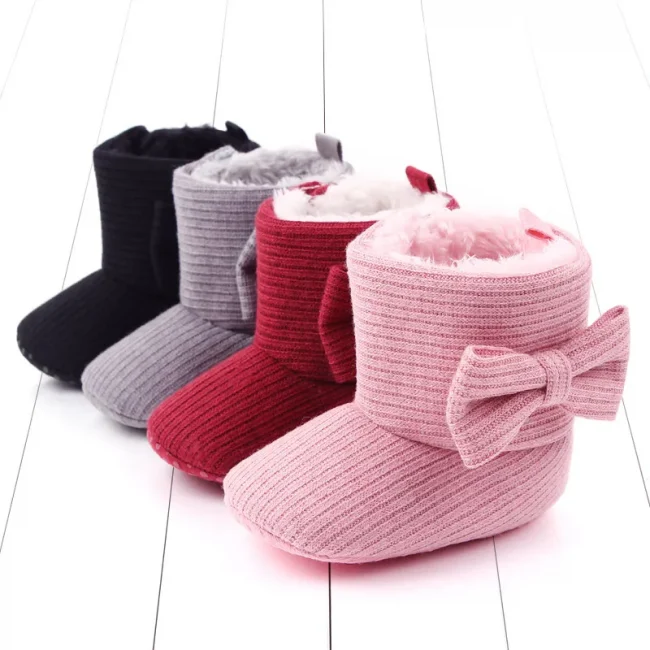 Baby Ankle-covered Boots Cute Bowknot Warm Lining Winter Infant First Walking Shoes for Baby Girls Soft Cotton Sole Baby Likes 3