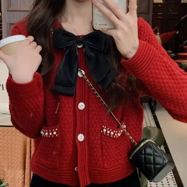 Sweater Knitted Cardigan Coat Design Sense Short Sweater Female 2023 Foreign Long Sleeve O Neck Sweater Cardigan Female Tops 4