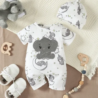Newborn Baby Boys' Casual Cute Cartoon Elephant Pattern Round Neck Short Sleeve Romper With Shoulder Snaps, Shorts And Hat 1