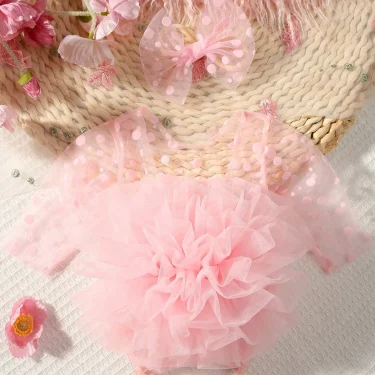 Ylsteed Pink Polka Dot Newborn Photography Romper with Bow Headband Baby Girl Photoshoot Outfits 1 Month Infant Picture Props 2