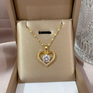 Gorgeous Heart Shape Simple Copper Inlaid Zirconia Pendant Necklace Women Men Fashion Stainless Steel Chain Anniversary Gift 1