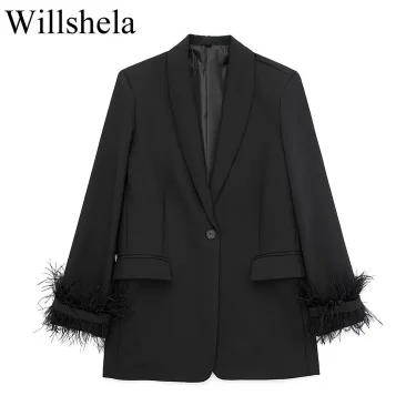 Willshela Women Fashion Satin Black With Feather Blazer Jacket Vintage Notched Neck Single Button Long Sleeves Female Outfits 1