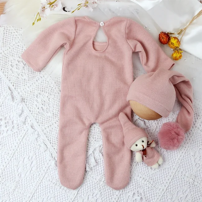 Ylsteed 3 Pieces Set Newborn Jumpsuit Tail Pom Hat Set with Mini Doll Pink Baby Photography Outfit New born Girl Photo Props 2