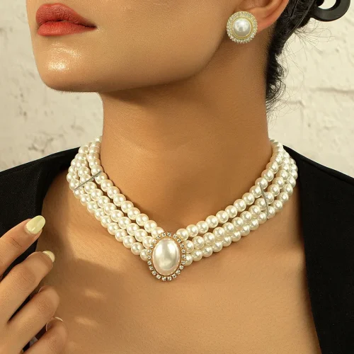 KMVEXO Vintage Palace Multilayer Pearl Choker Necklace Earrings Sets for Women Oval Crystal Rhinestone Wedding Bride Jewelry Set 1