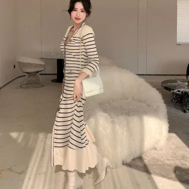 Matakawa Spring Autumn Women Dresses Stripes Ruffles Single Breasted Elegant Vestidos Mujer Korean Fashion Sweet Long Dress 5