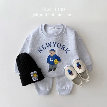Newborn Spring Autumn 2PCS Baby 0-4Y Cotton Thick Long Sleeves+Pants Bear Boys Girls Printed Clothes Warmth Set Children 2