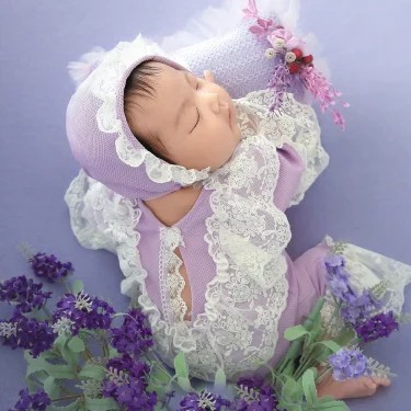 Ylsteed Newborn Girl Lace Jumpsuit Hat Set Violet Infant Picture Outfits Baby Photo Props Baby PhotoShoot Props 2