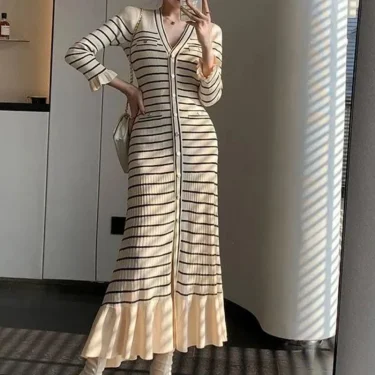 Matakawa Spring Autumn Women Dresses Stripes Ruffles Single Breasted Elegant Vestidos Mujer Korean Fashion Sweet Long Dress 2