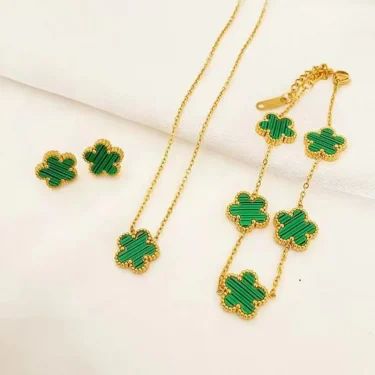 3 pieces of stainless steel plum blossom plant five leaf necklace, bracelet, earrings, women's jewelry set 4