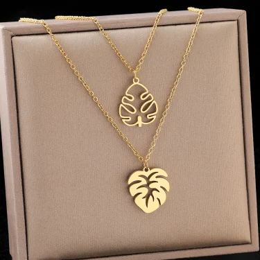 Stainless Steel Necklaces Tropical Plant Classic Big Leaves Pendant Sweater Chain Fashion Necklace For Women Jewelry Friend Gift 3