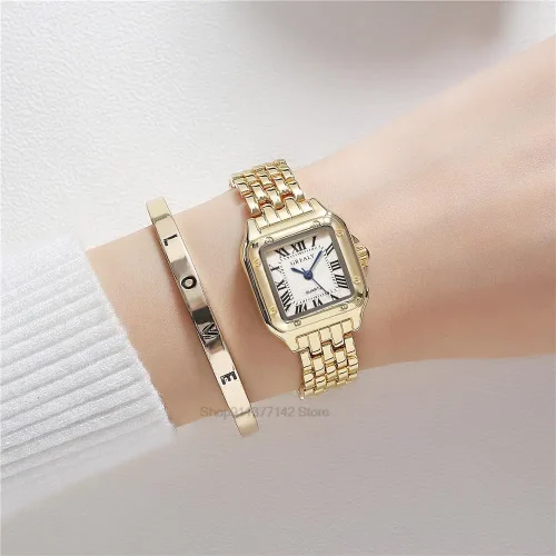 2025 Luxury Women's Fashion Square Watches Gold Alloy Strap Ladies Quartz Wristwatches Qualities Female Roman Scale Clock 1