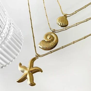 Peri'sbox Minimalist Starfish Stripe Conch Scallop Shaped Pendant Necklace for Women Waterproof Trend Jewelry Summer Beach Party 6